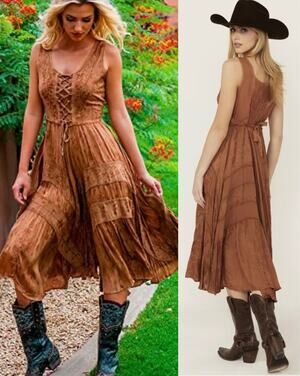 🔥Scully Sleeveless Lace-Up Embroidered Floral Patchwork Midi Dress Boho Western
